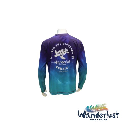 Back view of a Wanderlust Dive Center long-sleeve dive shirt showing logo and blue gradient pattern