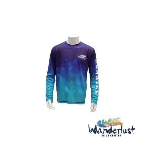 Front view of a Wanderlust Dive Center long-sleeve dive shirt with blue gradient design