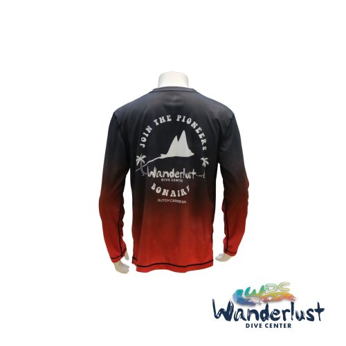 Back view of a long-sleeve Wanderlust Dive Center dive shirt showing the logo and gradient design
