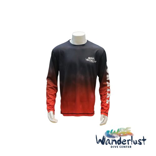 Front view of a long-sleeve Wanderlust Dive Center dive shirt with red and black gradient design