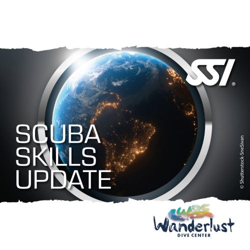 SSI Scuba Skills Update graphic showing a globe and diver silhouette highlighting refresher training