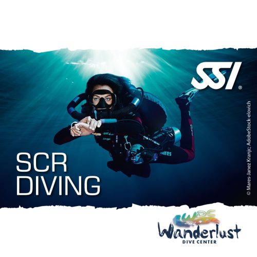 SSI SCR Diving specialty graphic featuring a diver using semi closed rebreather equipment