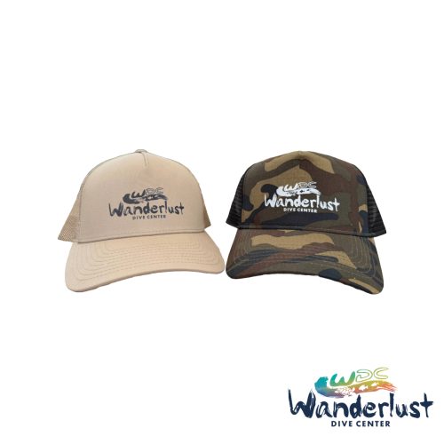 Two Wanderlust Dive Center caps in beige and dark colors with embroidered logo