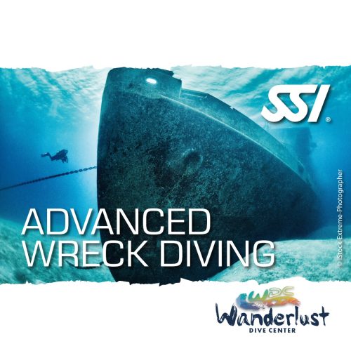 SSI Advanced Wreck Diving specialty graphic showing a diver exploring a large shipwreck